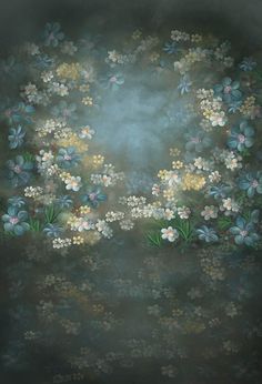 an artistic painting with flowers and leaves on the bottom half of it, surrounded by fog