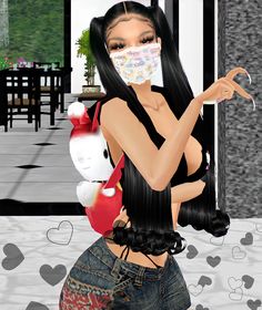 a woman with long black hair wearing a mask and holding a teddy bear in her hand