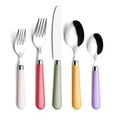 five different colored utensils with spoons and forks