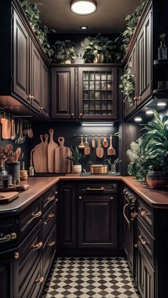 a black and white checkered kitchen with potted plants on the counter top, pots and pans on the wall