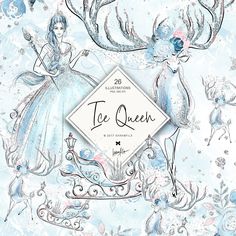 an ice queen is surrounded by deer and snowflakes in this hand drawn illustration