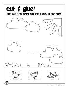 the cut and glue worksheet for children to learn how to draw birds in the sky