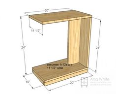 a wooden shelf with measurements for the top and bottom section, including one side missing