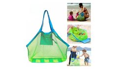 the beach mesh tote bag is green and blue, with pictures of people playing in it