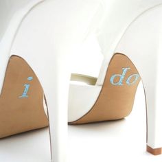 white high heeled shoes with blue logo on the bottom and heels are shown in three different colors