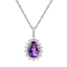 Add timeless elegance to your jewelry collection with this Sterling Silver Amethyst Pendant. Add timeless elegance to your jewelry collection with this Sterling Silver Amethyst Pendant. FEATURES Pendant dimensions: 0.87''x0.48'' Chain length: 18 in. Chain type: rope Clasp: spring-ring Nickel free Metal: sterling silver Plating: rhodium Finish: polished Packaging: boxedSTONE DETAILS Stone type: amethyst, lab-created white sapphire Total weight: 3 1/10 ct. Center stone weight: 2 1/5 ct. Center sto Classic Purple Necklace For Anniversary, Classic Amethyst Necklaces For Wedding, Classic Lavender Jewelry For Formal Occasions, Lavender Gemstone Necklace For Formal Occasions, Teardrop Amethyst Necklace For Formal Occasions, Formal Teardrop Amethyst Necklace, Elegant Lavender Teardrop Necklace, Purple Teardrop Pendant Necklace For Formal Occasions, Elegant Purple Teardrop Pendant Jewelry