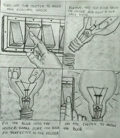 the instructions for how to draw an electric lightbulb in one hand and another hand holding