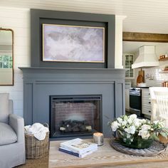 a living room filled with furniture and a fire place in front of a painting on the wall