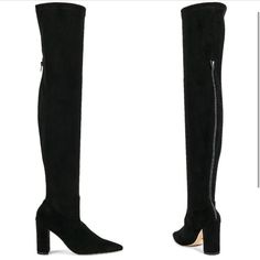 Over The Knee Suede Boots Black Suede Knee-high Boots For Evening, Evening Suede Boots With Round Toe, Black Suede Boots With 4-inch Heel, Black Suede Knee-high Boots For Formal Occasions, Black Heeled Boots For Evening, Black Tall Heeled Boots For Evening, Black High Heeled Boots For Evening, Suede Block Heel Evening Boots, Chic Black Knee-high Boots With Sculpted Heel