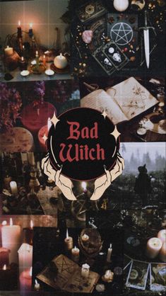 a collage of photos with candles and pictures on them that say bad witch in the middle