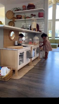 Boho Home Daycare, Montessori Bedroom And Playroom, Playroom In Kitchen, Two Year Old Playroom, Small Space Montessori Living Room, Play Kitchen In Living Room, Montessori Playroom Ideas At Home, Montessori Set Up, Kids Montessori Kitchen