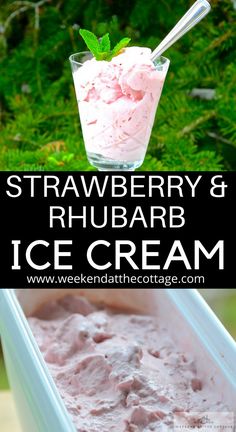 strawberry rhubarb ice cream in a glass container