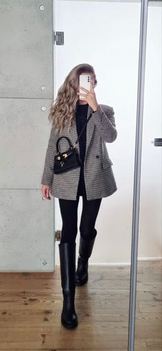 Flat Boots Winter Outfit, Blazer Outfits Leggings, Long Boots Work Outfit, Blazer And Boots Outfit Winter, Long Boots Office Outfit, Suit With Boots Womens, Tall Boots Leggings Outfit, Leggings And High Boots Outfit, Black Turtleneck Blazer Outfit