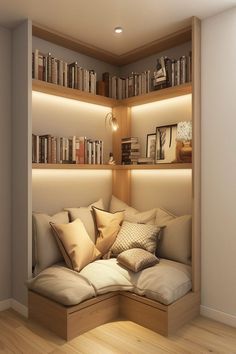 A cozy bedroom reading nook with built-in bookshelves above, soft lighting, and an array of pillows. Home Library Rooms, Interior Design Your Home, Shelves In Bedroom, Dream House Interior, Home Design Decor, Book Shelf