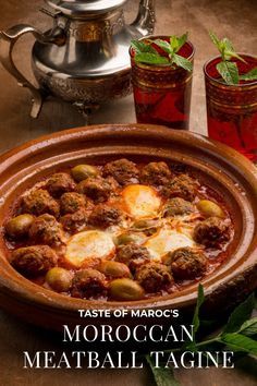 the cover of taste of morocco's moroccan meatball tagine with two glasses of tea