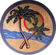 a decorative plate with palm trees on the beach