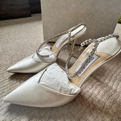 Selling My Once Worn Jimmy Choo Saeda Heels. They’re Gorgeous And The Back Has Slight Scuffs, And One Jewel Has Fallen Off (Fixable). I Likely Won’t Wear Them Again So I Wanted To See That They Went To Another Good Home! Massive Discount Off Retail Price Given Notes Above. Wedding Heels With Open Heel, Designer Wedding Heels With Padded Heel, Jimmy Choo Saeda, Shop Dress, Wedding Heels, Jimmy Choo Shoes, Jimmy Choo, Shoes Women Heels, Shoes Heels