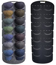 a hat rack with six hats hanging from it's sides and four different colors