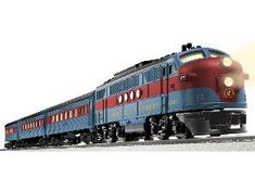 a red and blue train traveling down tracks next to a white background with the word express written on it