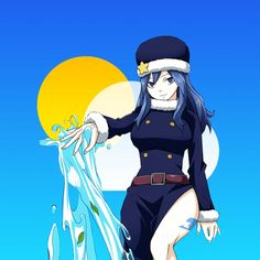 an anime character with long blue hair wearing a sailor outfit and holding a water hose