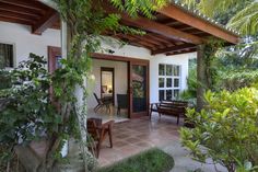 an outdoor patio with chairs and tables surrounded by greenery, trees and plants on either side