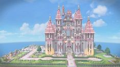 a large pink castle sitting on top of a lush green field