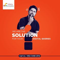 a man is standing in front of an orange background that says we are the solution for your digital queries