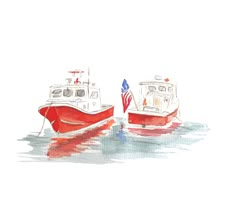 two boats in the water with an american flag on them