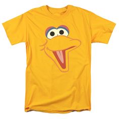 a yellow sesame character t - shirt with an open mouth