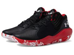 Under Armour Jet '21 Basketball Shoe - Shoes : Black/Red/White : Focus on your game without worrying about the comfort and get a classic look wearing the Under Armour Jet '21 Basketball Shoe. Mesh and perforated leather upper. Breathable mesh lining. Plush ankle collar foam for comfort and support. Lace-up closure. Round toe design. Cushioned EVA midsole. Rubber outsole. Imported. Measurements: Weight: 14 oz Product measurements were taken using size Men's 9, Women's 10.5, width Medium. Please n Red Basketball Shoes, Under Armour Shoes, Volleyball Shoes, 12th Man, Sports Wear, Perforated Leather, Toe Designs, Sport Wear, Shoes Black