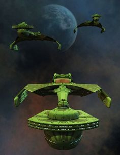 an alien ship flying through the air with another boat in front of it and two smaller ones behind it