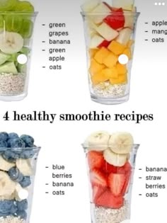 the four healthy smoothie recipes are labeled in different colors and flavors, including bananas, apples, blueberries, strawberries, green beans, banana oats