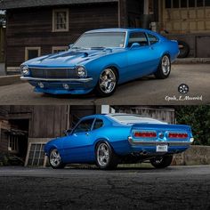 two pictures of a blue muscle car in front of a barn