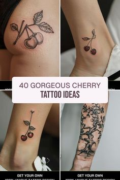 four different tattoo designs on the legs and ankles, including cherries with leaves in them