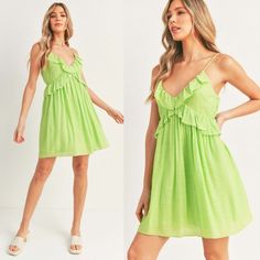 Keep It Fun And Easy In The Alyse Ruffle Mini Dress. This Show-Stopping Mini Dress Has A Ruffle Detail Design, Made Of 100% Polyester, A V-Neckline, And Adjustable Cami Straps. Color: Lime Fabric: 100% Polyester Hand Wash Cold - Do Not Bleach - Do Not Tumble Dry - Line Dry. Sizing: Small (Us Women's) - 2-4 Medium (Us Women's) - 6-8 Large (Us Women's) - 10-12 Green V-neck Ruffle Dress For Brunch, Flirty Green Dress With Ruffled Straps, Green Mini Ruffle Dress For Summer, Green Flirty Flowy Dress, Flirty Green Flowy Dress, Green V-neck Ruffle Dress For Summer, Green Summer V-neck Ruffle Dress, Green V-neck Ruffle Dress For Spring, Green Mini Dress With Ruffled Straps For Vacation