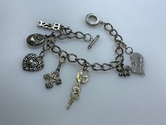 "Vintage 7.5\" Bracelet Silver Toned Chain With Best Friends Hearts Lock Butterfly Cross Charms Needs Cleaned Used" Vintage Metal Charm Bracelet With Chain, Nana Core, Vintage Sterling Silver Bracelet With Heart Charm, Heart-shaped Vintage Charm Bracelet For Gifts, Heart-shaped Vintage Charm Bracelets For Gifts, Vintage Silver Jewelry With Butterfly Charm, Heart Lock, Wedding Jewelry Bracelets, Cross Charms