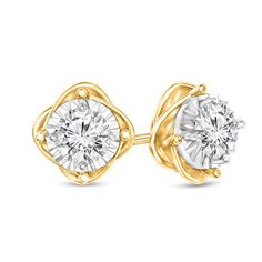 Pump up the fashion volume with the sparkle of these diamond solitaire stud earrings. Crafted in 10K two-toned gold, each earring features a 1/10 ct. diamond set in white gold atop an overlapping swirl of yellow gold. Radiant with 1/4 ct. t.w. of diamonds and a brilliant buffed luster, these knot earrings secure comfortably with friction backs. Black Hills Gold Jewelry, Clean Gold Jewelry, Knot Stud Earrings, Mens Gold Jewelry, Knot Studs, Floral Studs, Solitaire Earrings, Bridesmaid Jewelry Sets, Chic Earrings