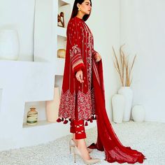 Pakistani 3 Piece Embroidered Suit Measurements For Size Medium Shoulder 15.5 Shirt Length 45 ( Length Excluding Tassels) Bust 22 Measurements For Size Large Shoulder 16 Bust 22.5 Length 45 ( Length Excluding Tassels) Unstitched Red Lawn Suit With Floral Embroidery, Red Lawn Suit With Floral Embroidery For Eid, Traditional Red Lawn Suit With Floral Embroidery, Red Long Sleeve Sets With Dupatta, Elegant Red Lawn Suit With Intricate Embroidery, Red Long Sleeve Lawn Suit With Floral Embroidery, Red Long Sleeve Dress With Chikankari Embroidery, Elegant Red Dress With Chikankari Embroidery, Red Salwar Kameez With Intricate Embroidery Long Sleeve