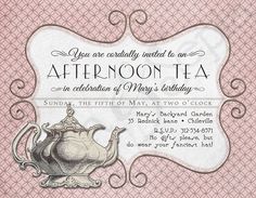 a pink and white tea party with an ornate frame around the edges that reads, you are cordially divided to an afternoon victorian victorian tea