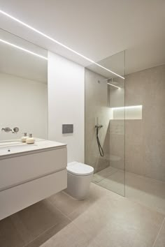 a bathroom with a white toilet sitting next to a walk in shower and a sink