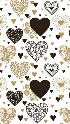 many different hearts on a white background with gold and black accents, all in the same pattern