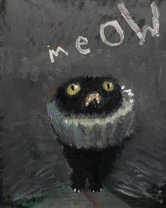 a painting of a black cat with the word wow written on it