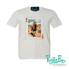 Make your cowboy the King Of Hearts this Valentine's Day with our super cool tee. A royal flush of vintage charm mixed with a touch of cowboy flair, this tee is perfect for any romantic. Don't gamble on love, choose our King Of Hearts tee! *This design is available in infant one piece, sippy, tees, hoodies, pullovers, and sweatshirts. *** Due to your monitor color settings, material colors may vary slightly from images shown. Fitted Western Style T-shirt For Summer, Fitted Short Sleeve T-shirt With Heart Graphic, Fitted T-shirt With Heart Graphic, Western Style Cotton Graphic T-shirt, Western Style Crew Neck T-shirt With Graphic Print, Western Style Cotton T-shirt With Graphic Print, Western Style Short-sleeved Screen Print T-shirt, Western Style Short Sleeve Graphic Print Tops, Western Short Sleeve Tops With Graphic Print