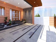 the entrance to a building with steps leading up to it and potted plants on either side