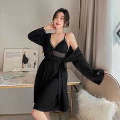 Gift for women Elegant Black Sets For Night, Elegant Black Night Sets, Black Long Sleeve Party Sleepwear, Elegant Black Nightgown For Bedtime, Black Long Sleeve Robe For Wedding Night, Black Long Sleeve Nightgown For Loungewear, Elegant Black Bedtime Dress, Black Long Sleeve Nightgown For Bedtime, Black Long Sleeve Nightgown