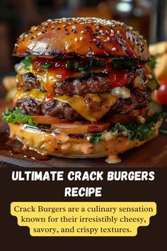 Crack Burgers are a culinary sensation known for their irresistibly cheesy, savory, and crispy textures. These burgers are crafted to deliver an explosion of flavors, making them a favorite among burger enthusiasts. The unique combination of ingredients and preparation methods distinguishes them from regular burgers, earning them a spot in the hearts of food lovers. #CrackBurgers #UltimateBurgers #BurgerRecipe #JuicyBurgers #BestBurgers Coffee Rubbed Burgers, Cheeseburger Recipes Stove, Whiskey Burger Recipes, American Burger Recipe, Best Cheeseburgers, Best Hamburger Recipe Homemade Burgers, Fancy Burgers Ideas, Sausage Burgers Recipes, Grilled Cheese Burger Recipe