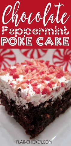 chocolate peppermint poke cake on a white plate