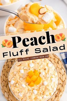 a bowl of peach fluff salad with a spoon in it and the title overlay reads peach fluff salad