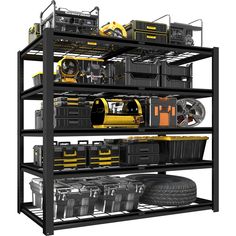 an industrial shelving unit with various tools and equipment