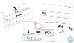 three different types of writing paper with pictures and words on them, including the word i like pigs